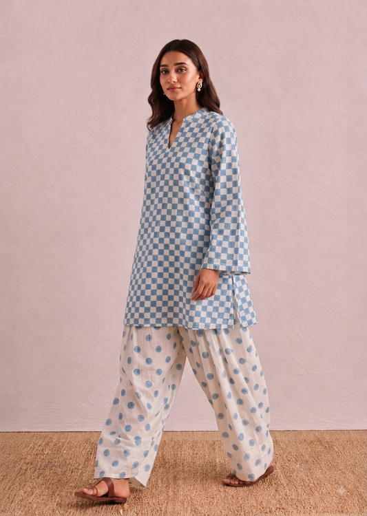Baby Blue Polka Checks Pure Cotton Farshi Coord Set