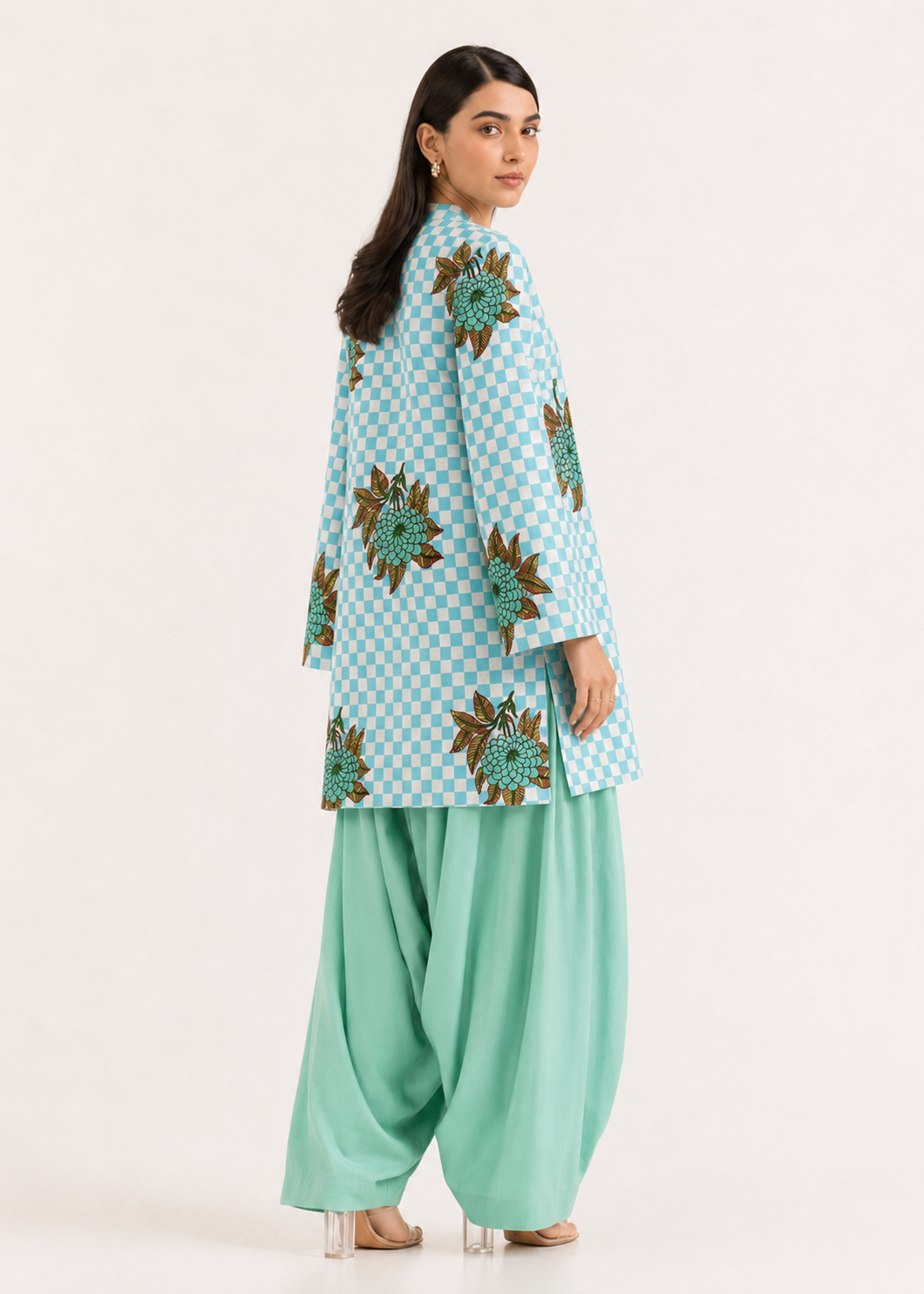 Floral Gingham Powder Blue Pure Cotton Farshi Salwar Co-Ord Set