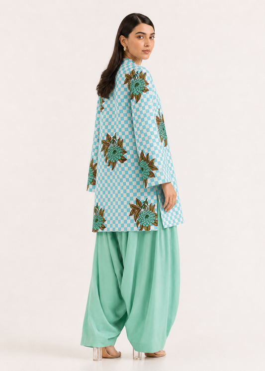 Floral Gingham Powder Blue Pure Cotton Farshi Salwar Co-Ord Set