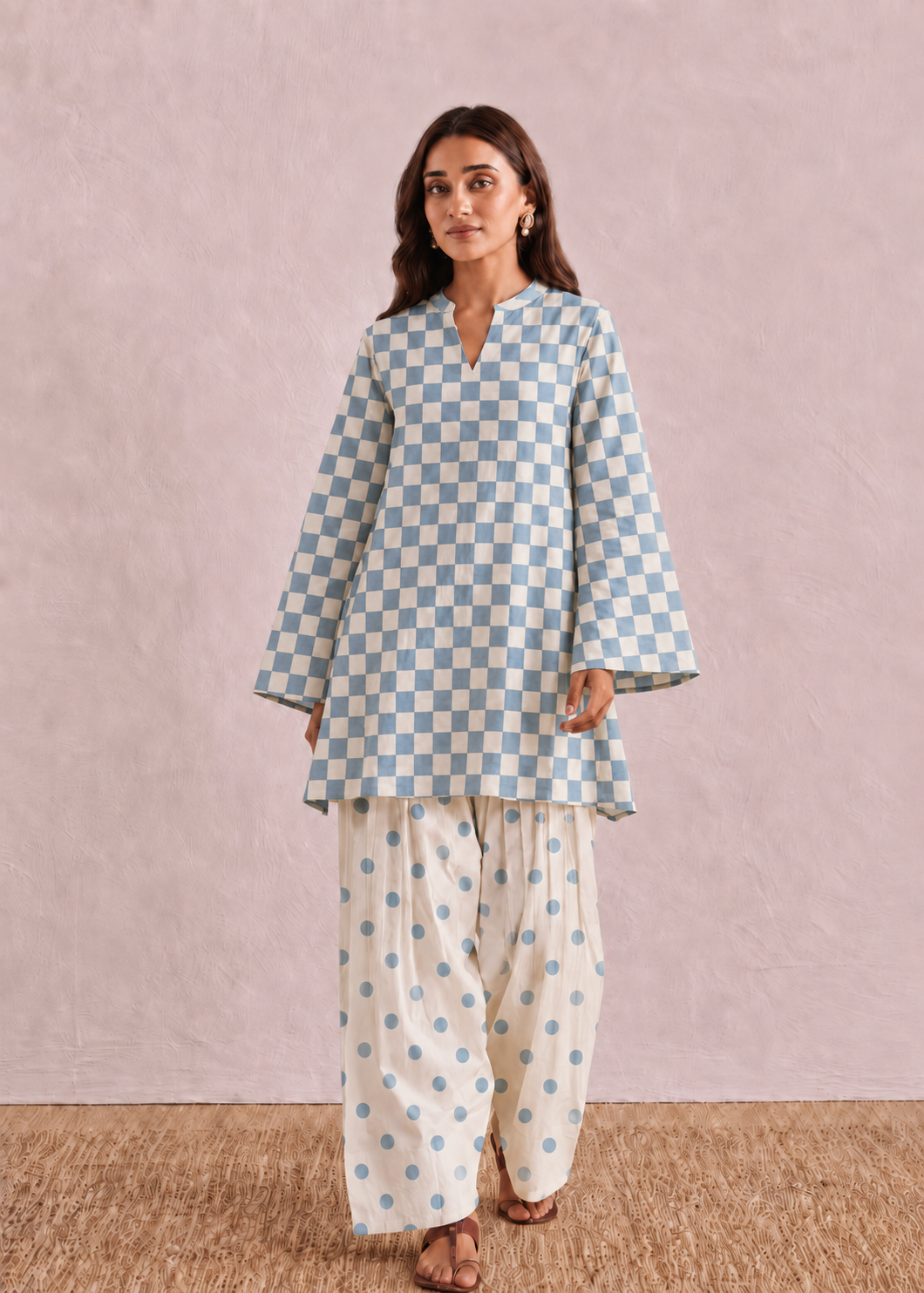Baby Blue Polka Checks Pure Cotton Farshi Coord Set