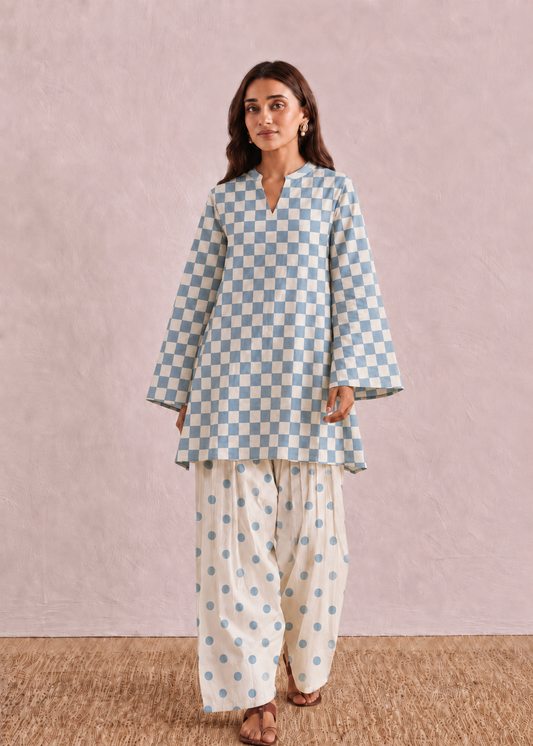 Baby Blue Polka Checks Pure Cotton Farshi Coord Set