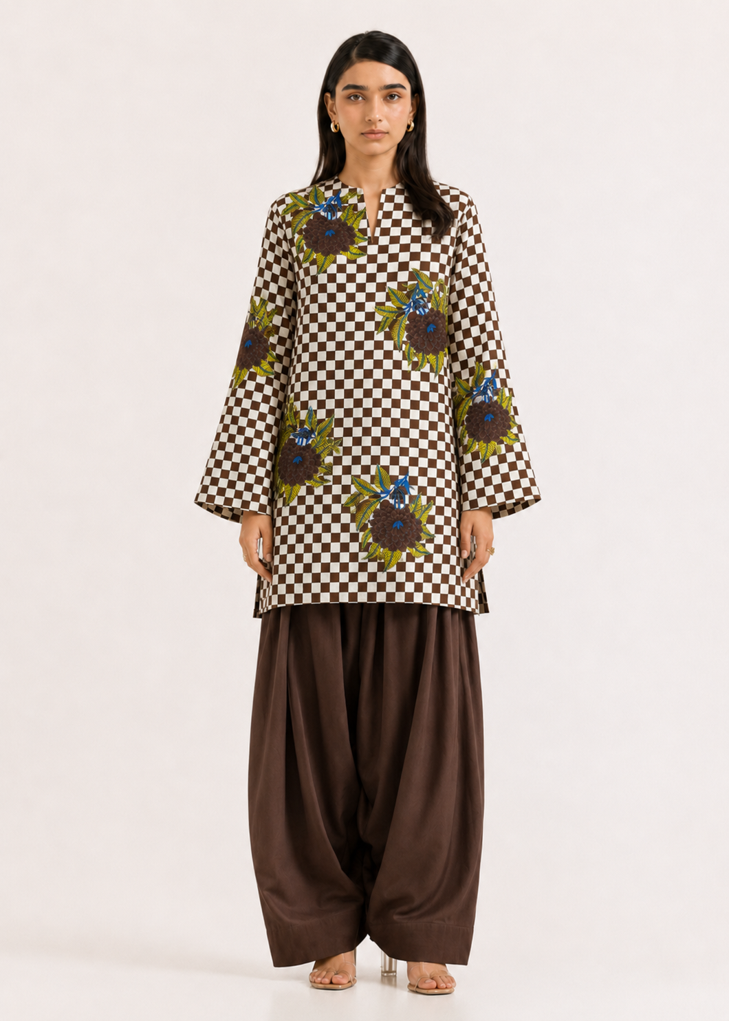 Floral Gingham Mocha Brown Pure Cotton Farshi Salwar Co-Ord Set