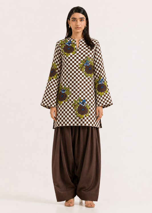 Floral Gingham Mocha Brown Pure Cotton Farshi Salwar Co-Ord Set