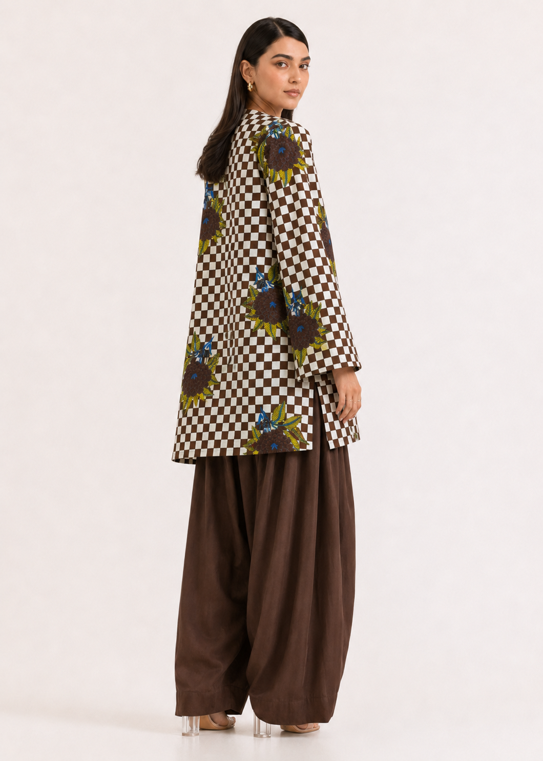 Floral Gingham Mocha Brown Pure Cotton Farshi Salwar Co-Ord Set
