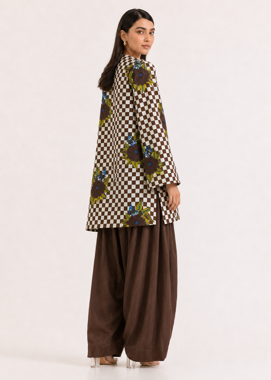 Floral Gingham Mocha Brown Pure Cotton Farshi Salwar Co-Ord Set