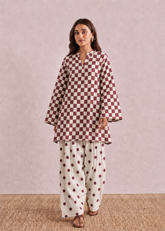 Burgundy Polka Checks Pure Cotton Farshi Coord Set