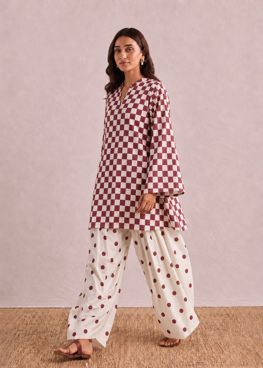 Burgundy Polka Checks Pure Cotton Farshi Coord Set