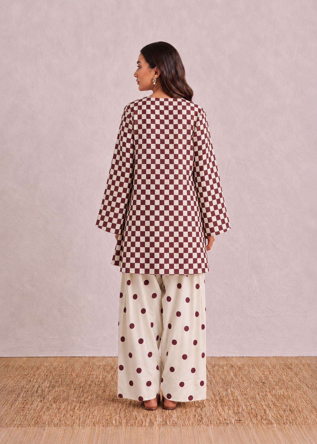Burgundy Polka Checks Pure Cotton Farshi Coord Set