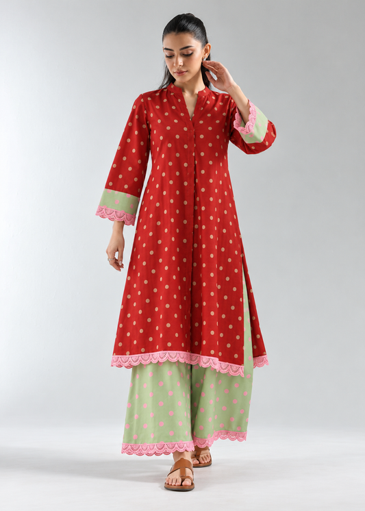 Cherry Sage Bindu Polka cotton co-ord set with red polka kurta and sage polka palazzos