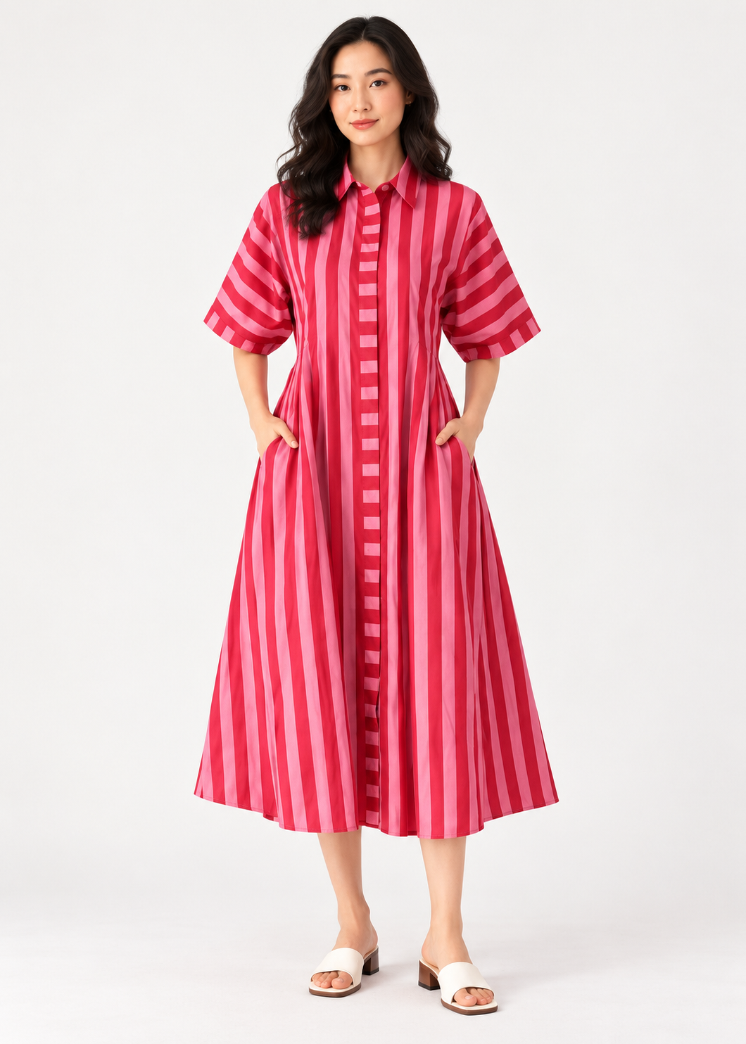 Cherry red and pink striped cotton shirt dress