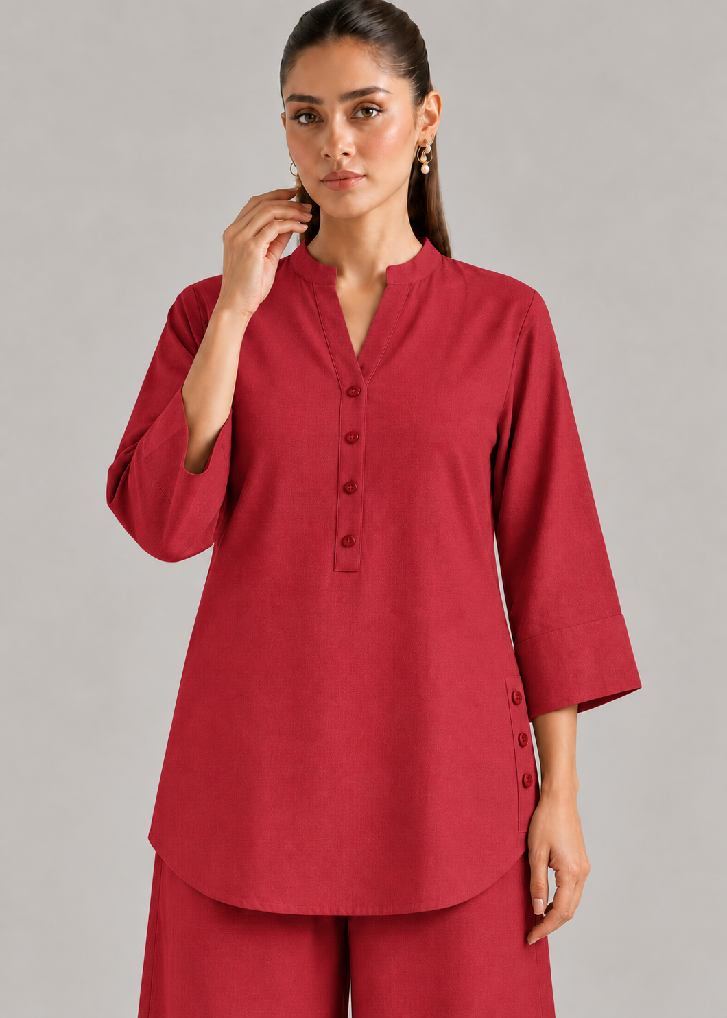 Chinese Red Drift Cotton Flex Wide-Leg Co-ord Set upper detail view