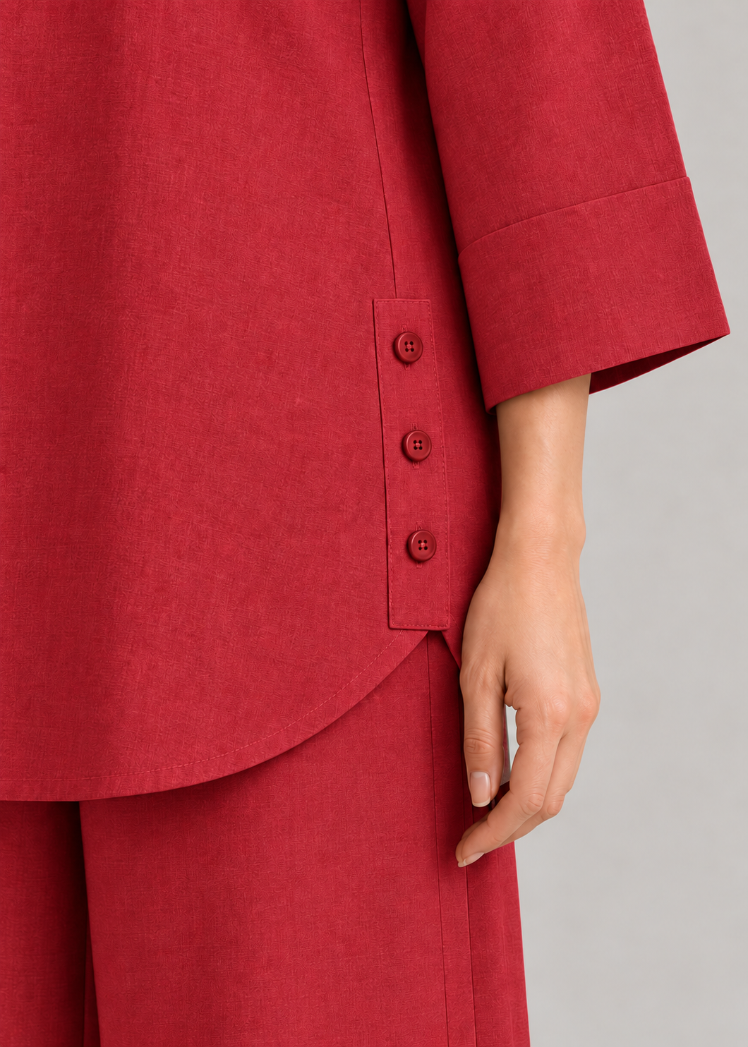 Chinese Red Drift Cotton Flex Wide-Leg Co-ord Set button detail