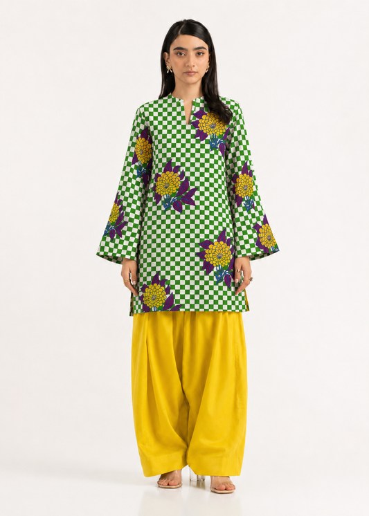 Floral Gingham Green Pure Cotton Farshi Salwar Co-Ord Set