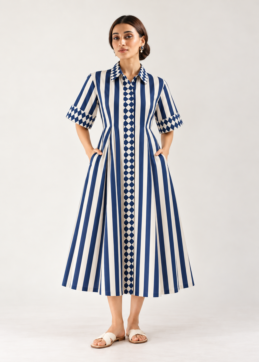Harlequin navy and ivory striped cotton shirt dress with diamond print trims