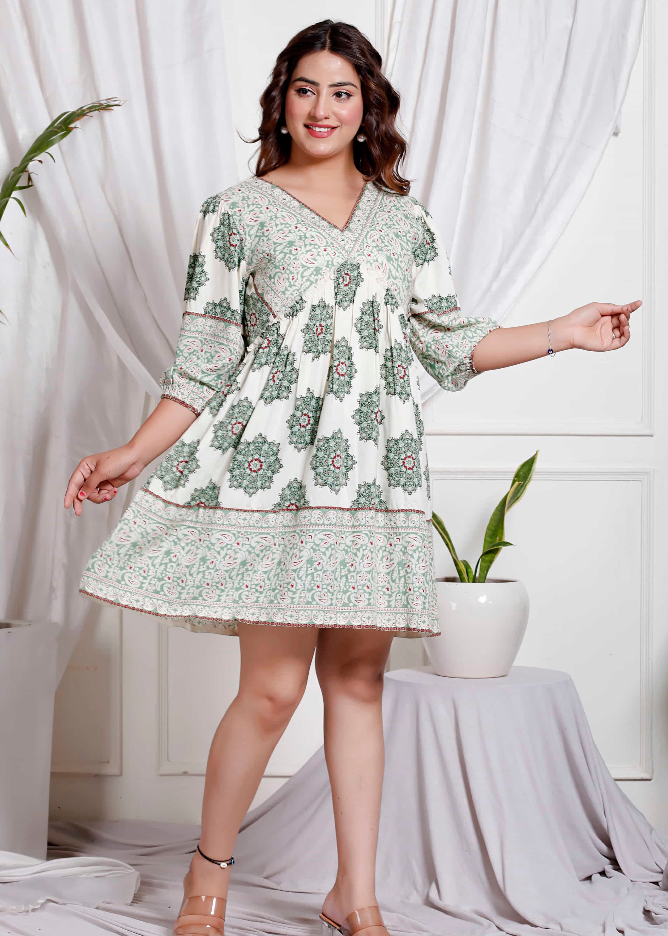 Sage Paisley Printed Tiered Mini Dress