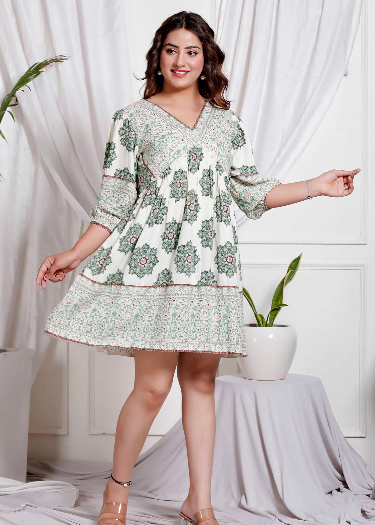 Sage Paisley Printed Tiered Mini Dress