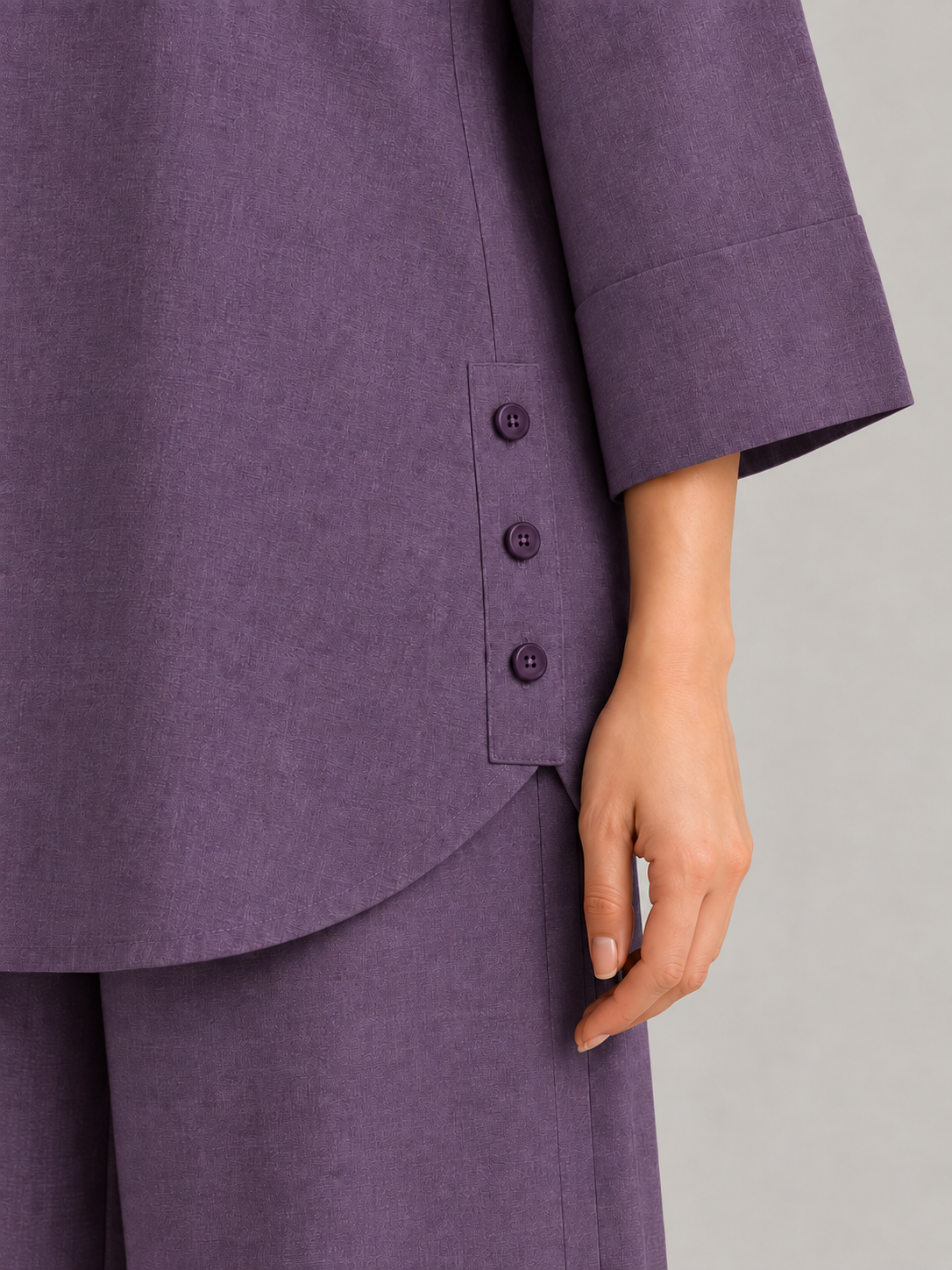 Loganberry Drift Cotton Flex Wide-Leg Co-ord Set button detail