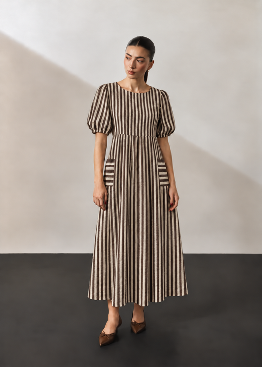 Cocoa Striped Cotton Midi Dress