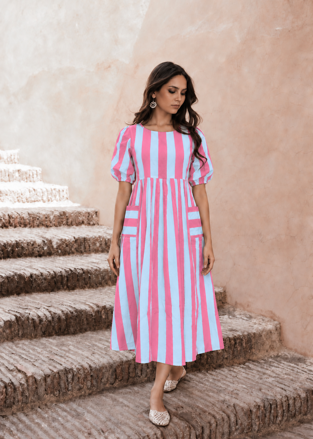 Candy Sky Striped Cotton Midi Dress
