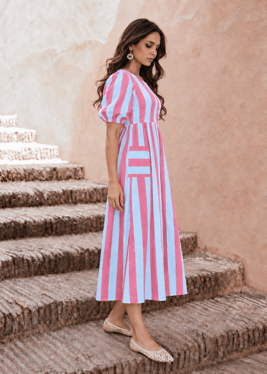 Candy Sky Striped Cotton Midi Dress