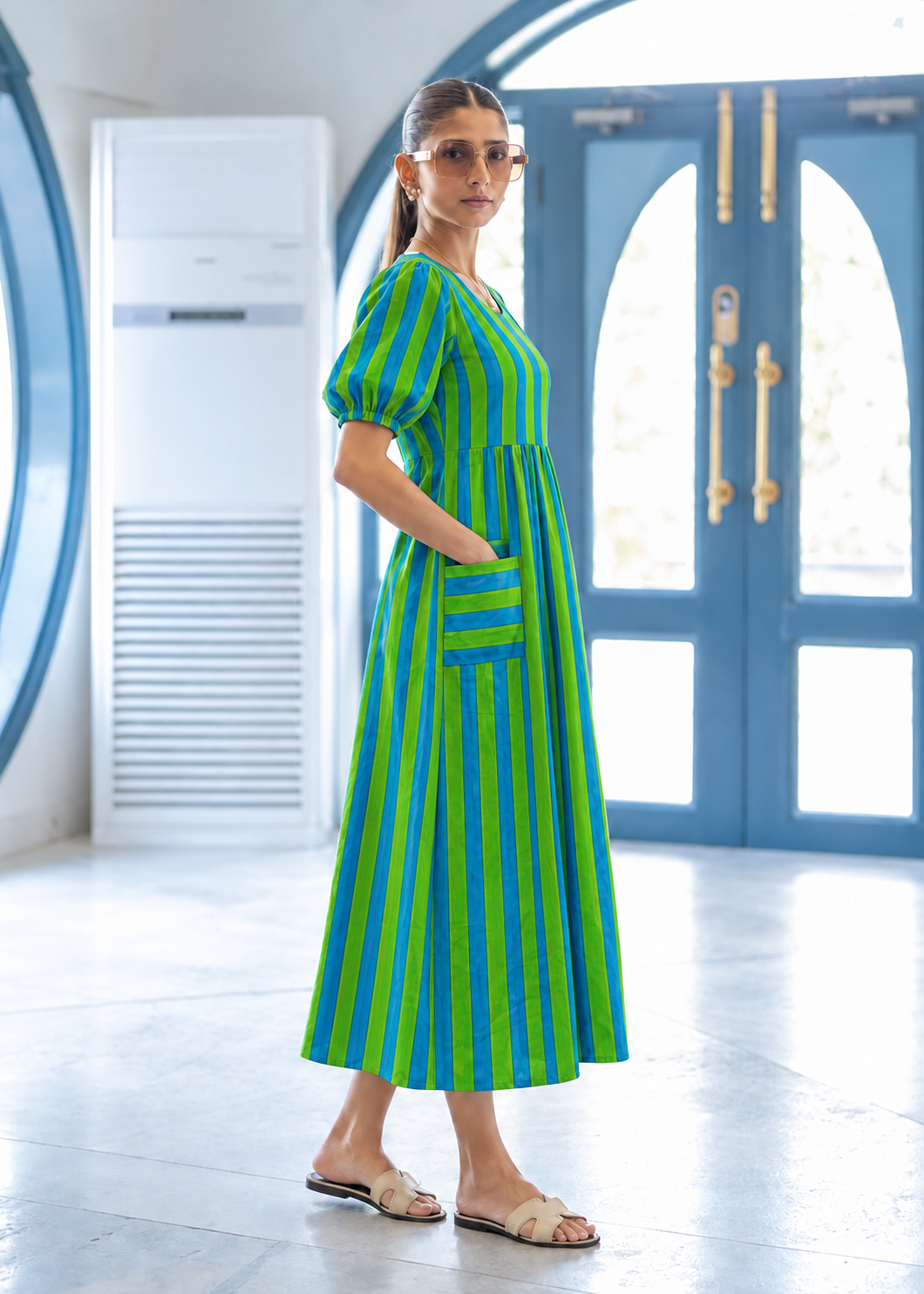 Lagoon Striped Cotton Midi Dress