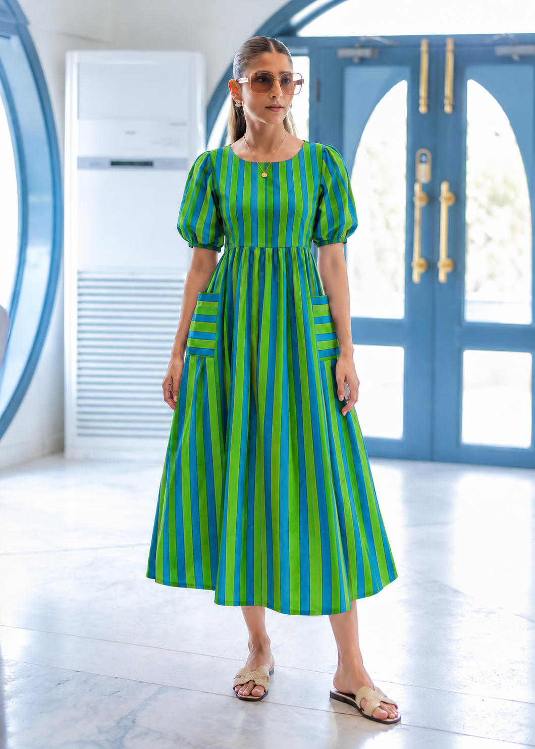 Lagoon Striped Cotton Midi Dress
