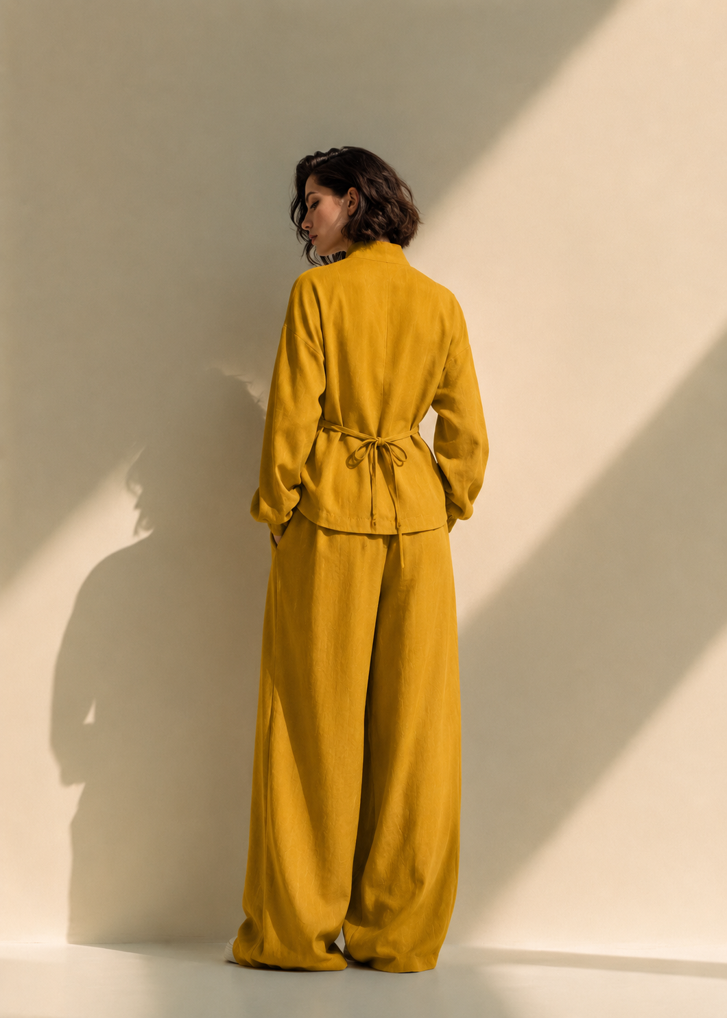 Aabha Anvaya mustard yellow cotton-flex co-ord set back tie view