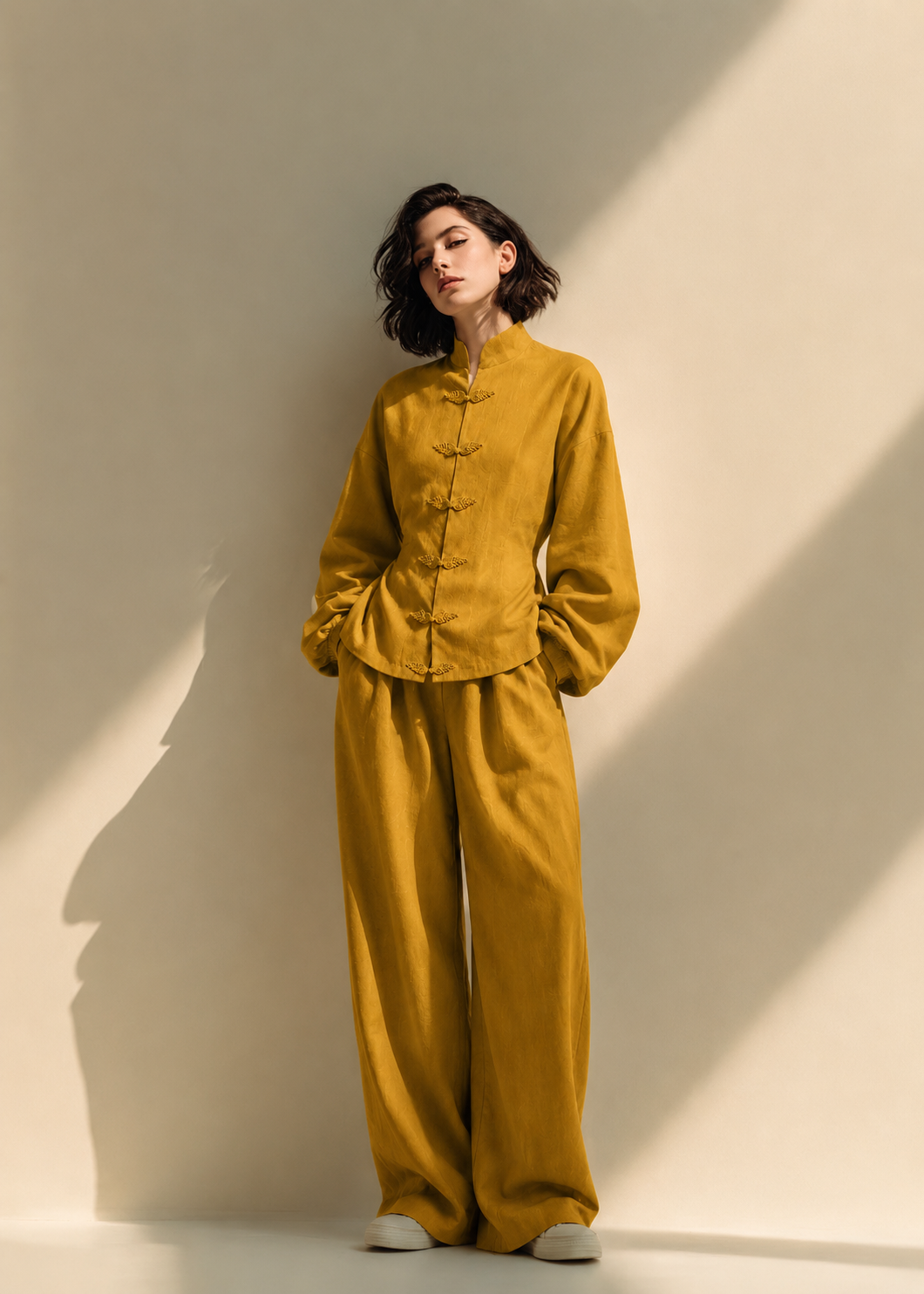 Aabha Anvaya mustard yellow cotton-flex wide-leg co-ord set front view