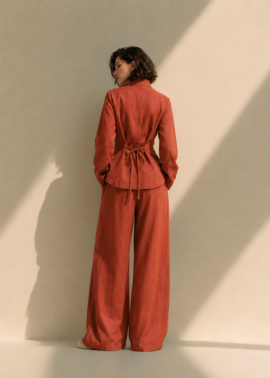 Aruna Anvaya burnt terracotta cotton-flex co-ord set back tie view