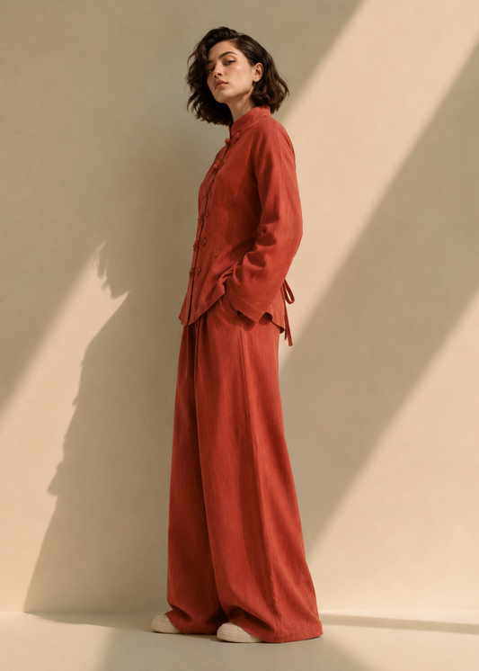 Aruna Anvaya burnt terracotta cotton-flex co-ord set side view