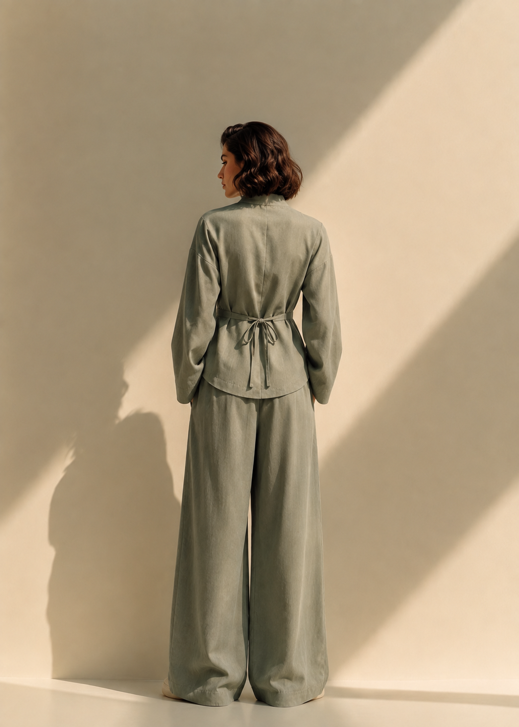 Pallavi Anvaya sage green cotton-flex co-ord set back tie view