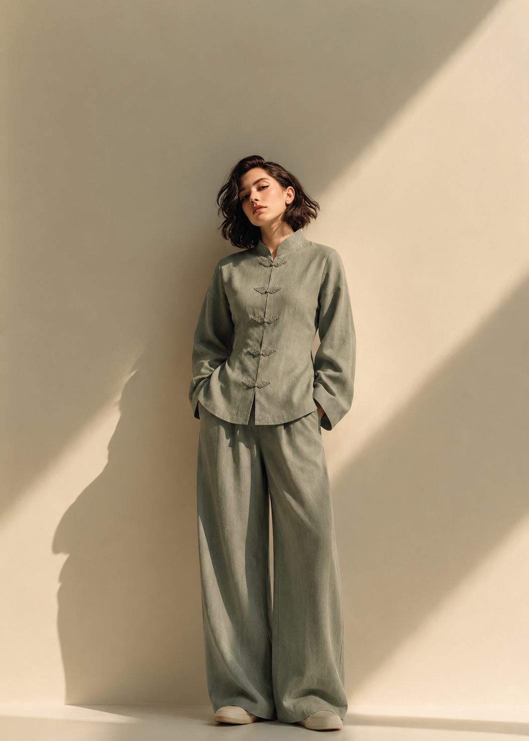 Pallavi Anvaya sage green cotton-flex wide-leg co-ord set front view
