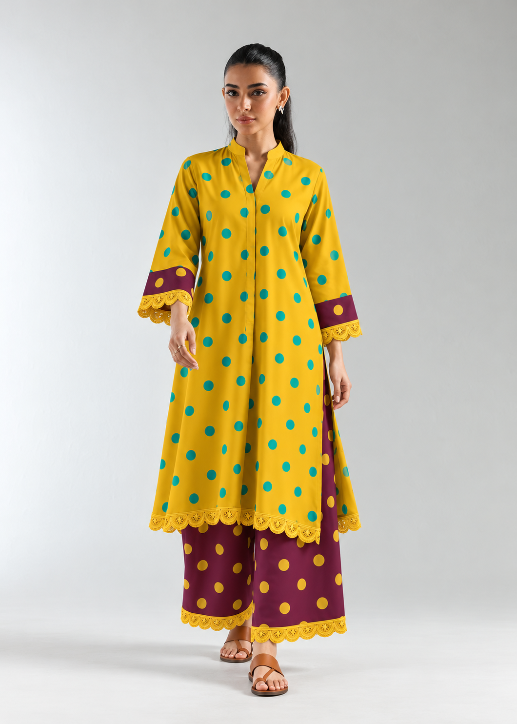Mustard Wine Bindu Polka cotton co-ord set with polka kurta and wine polka palazzos