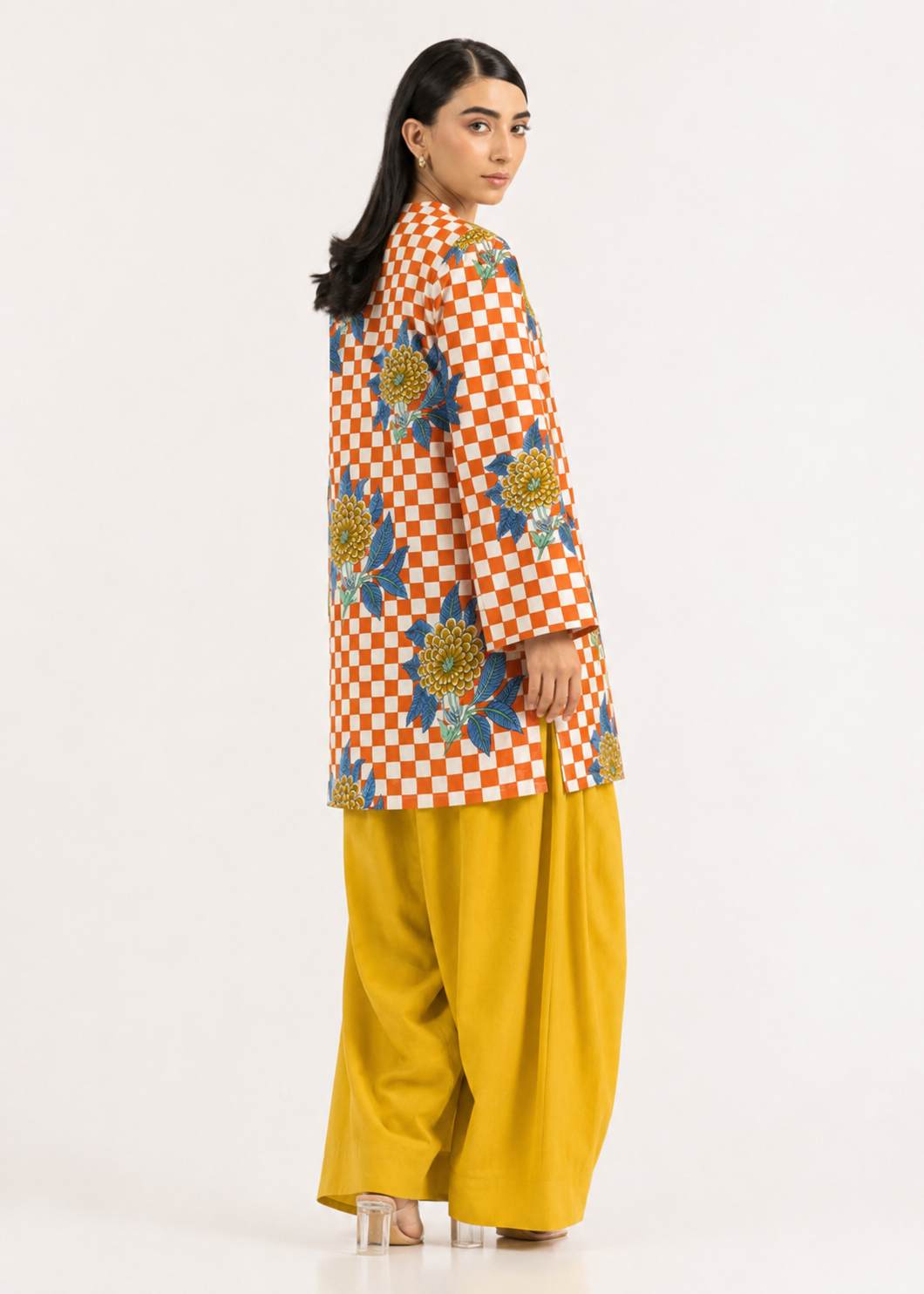 Floral Gingham Mustard Yellow Pure Cotton Farshi Salwar Co-Ord Set