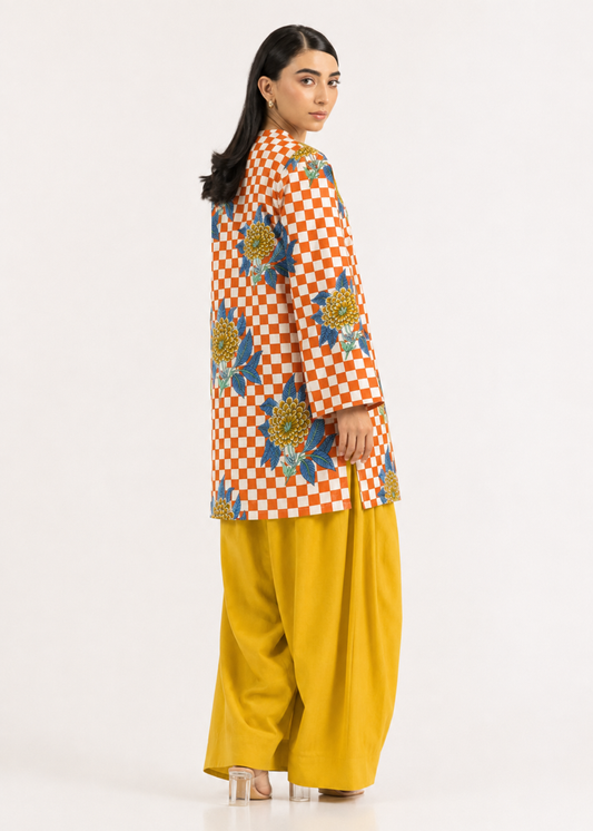 Floral Gingham Mustard Yellow Pure Cotton Farshi Salwar Co-Ord Set