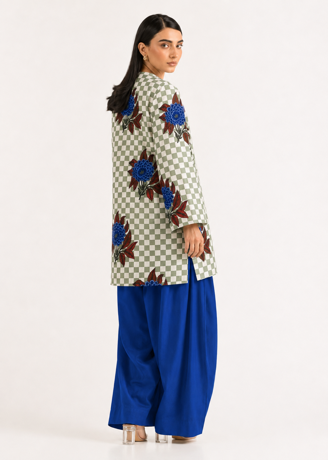 Floral Gingham Navy Pure Cotton Farshi Salwar Co-Ord Set
