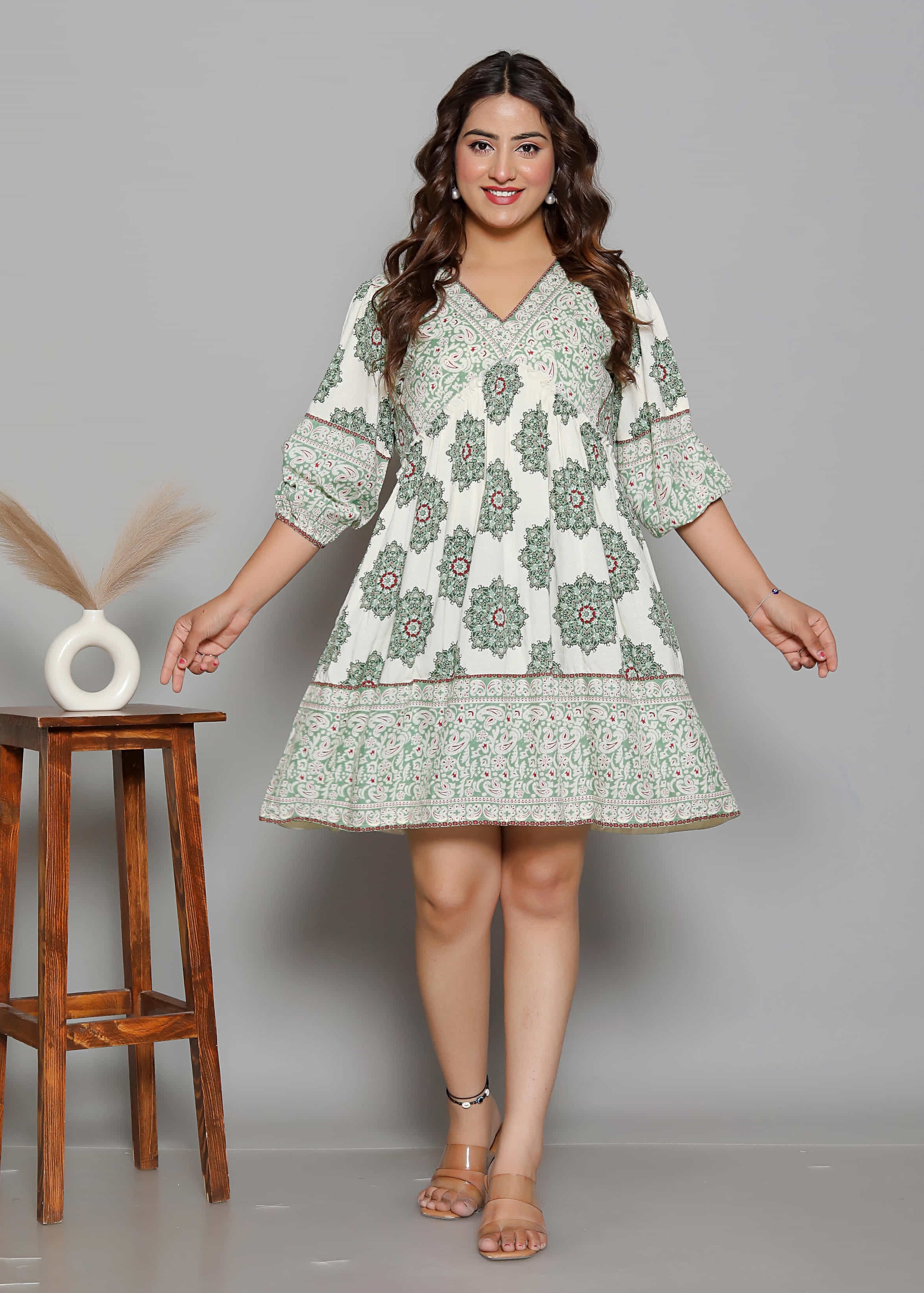 Sage Paisley Printed Tiered Mini Dress