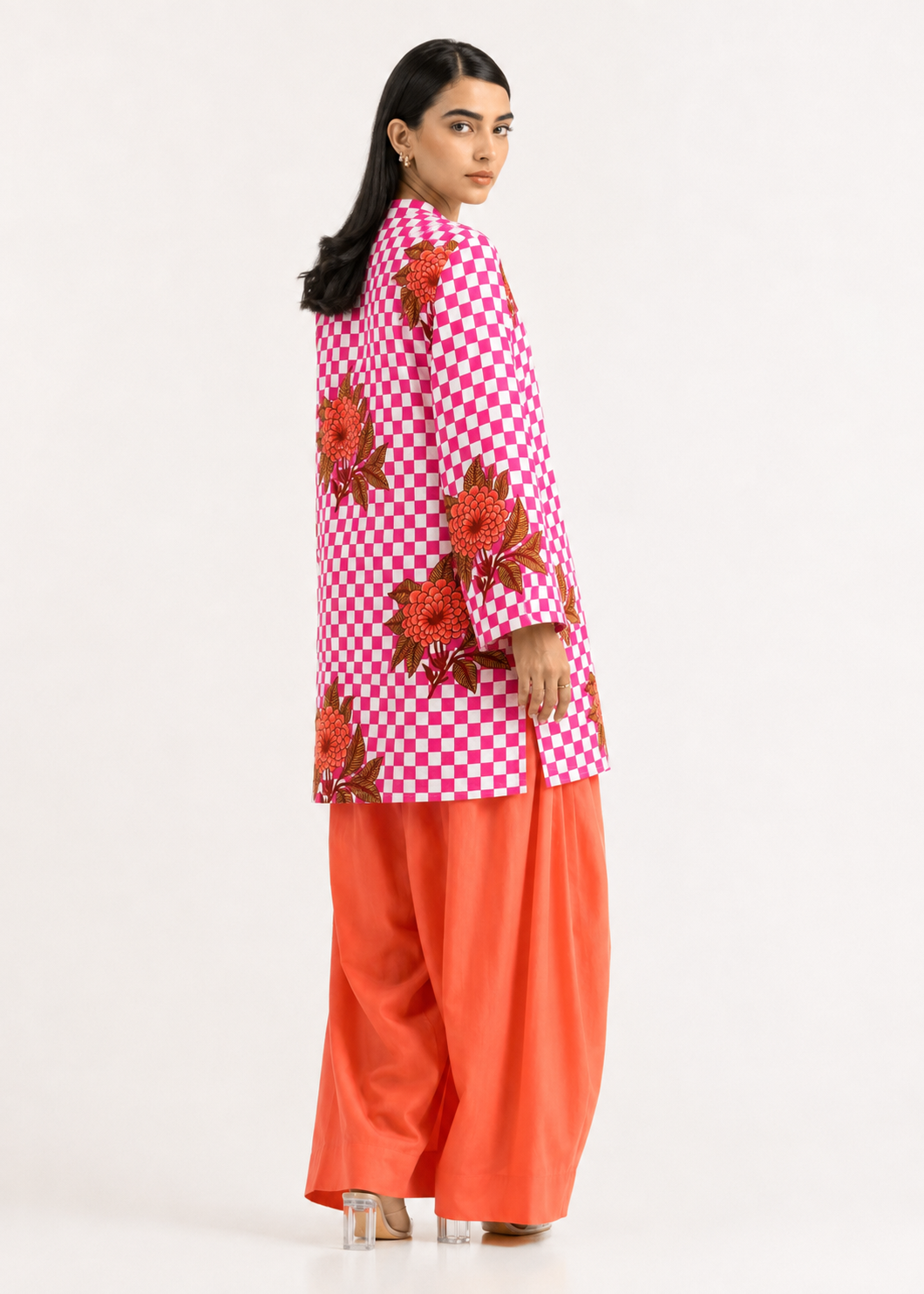 Floral Gingham Orange Pure Cotton Farshi Salwar Co-Ord Set