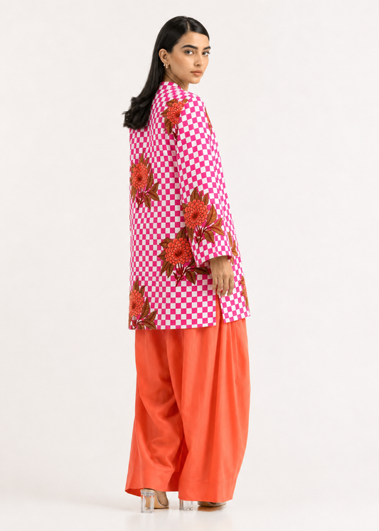 Floral Gingham Orange Pure Cotton Farshi Salwar Co-Ord Set