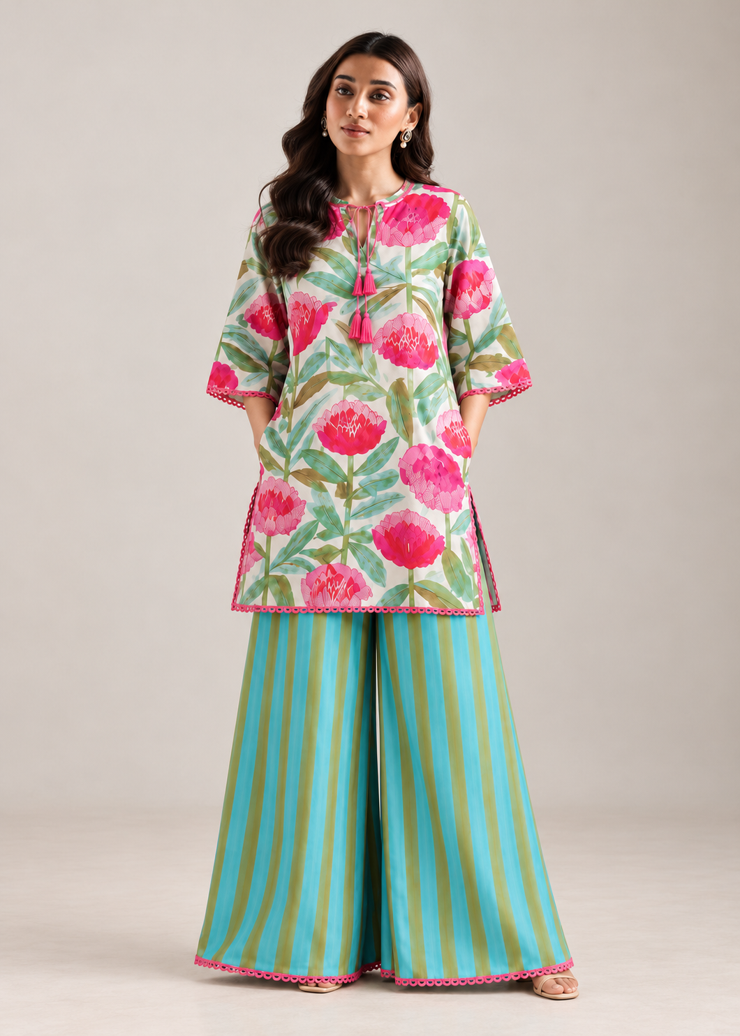 Peony Mint Phoolwari cotton palazzo co-ord set with peony print kurta and aqua striped palazzos