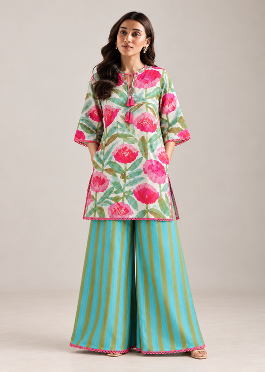 Peony Mint Phoolwari cotton palazzo co-ord set with peony print kurta and aqua striped palazzos