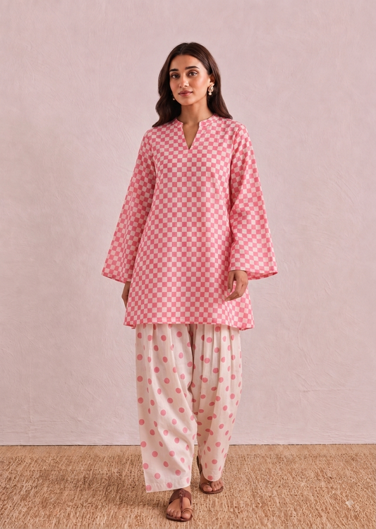 Pink Polka Checks Pure Cotton Farshi Coord Set