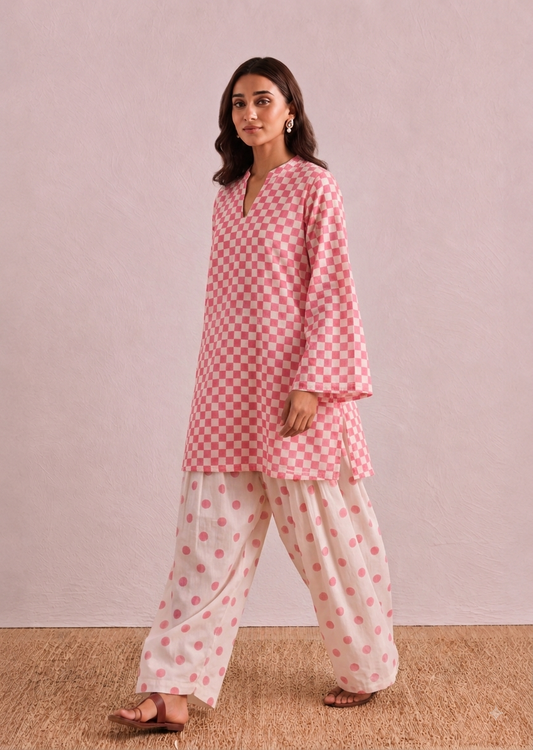 Pink Polka Checks Pure Cotton Farshi Coord Set