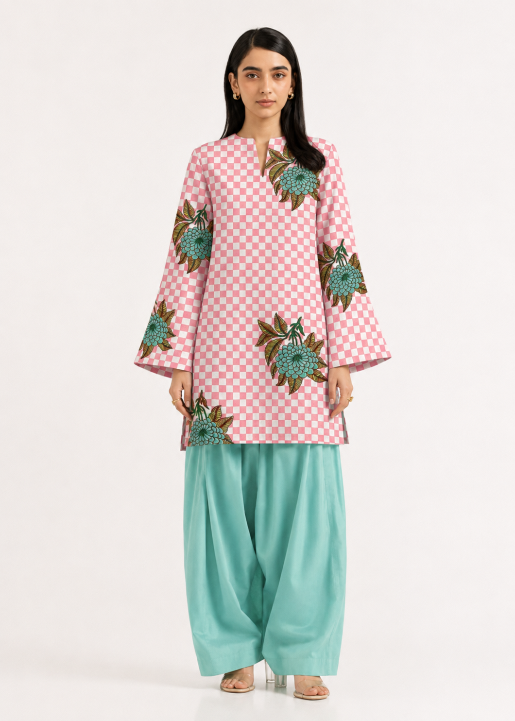 Floral Gingham Pink Pure Cotton Farshi Salwar Co-Ord Set