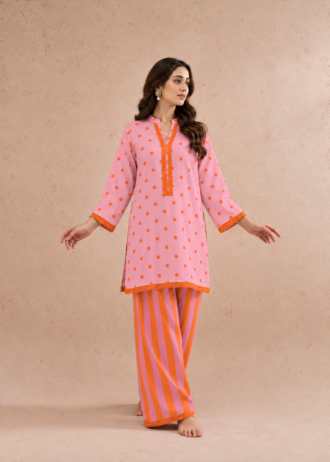 Pink Tangerine Dhaari Polka Stripe Palazzo Co-ord Set