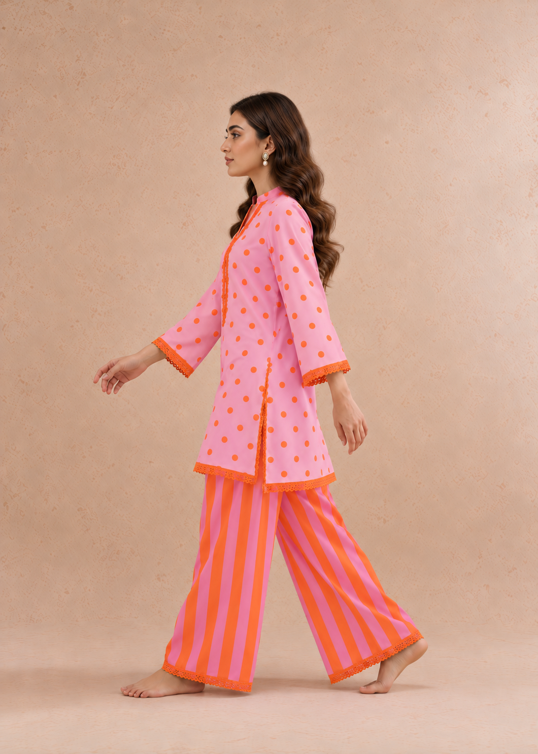 Pink Tangerine Dhaari Polka Stripe Palazzo Co-ord Set