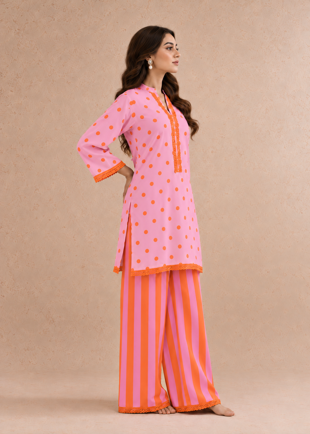 Pink Tangerine Dhaari Polka Stripe Palazzo Co-ord Set