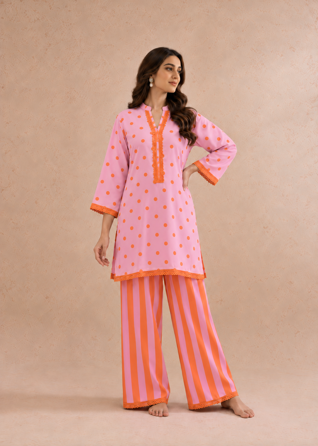 Pink Tangerine Dhaari Polka Stripe Palazzo Co-ord Set