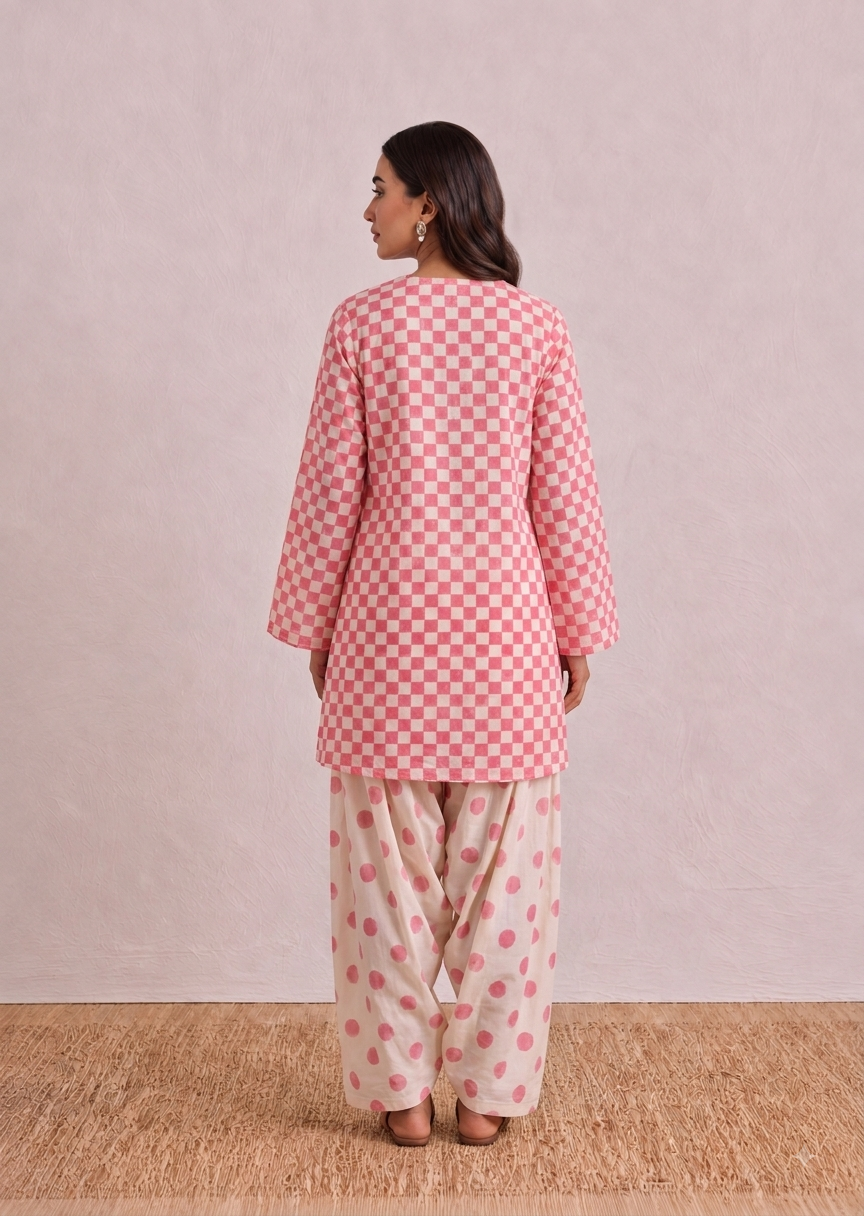 Pink Polka Checks Pure Cotton Farshi Coord Set