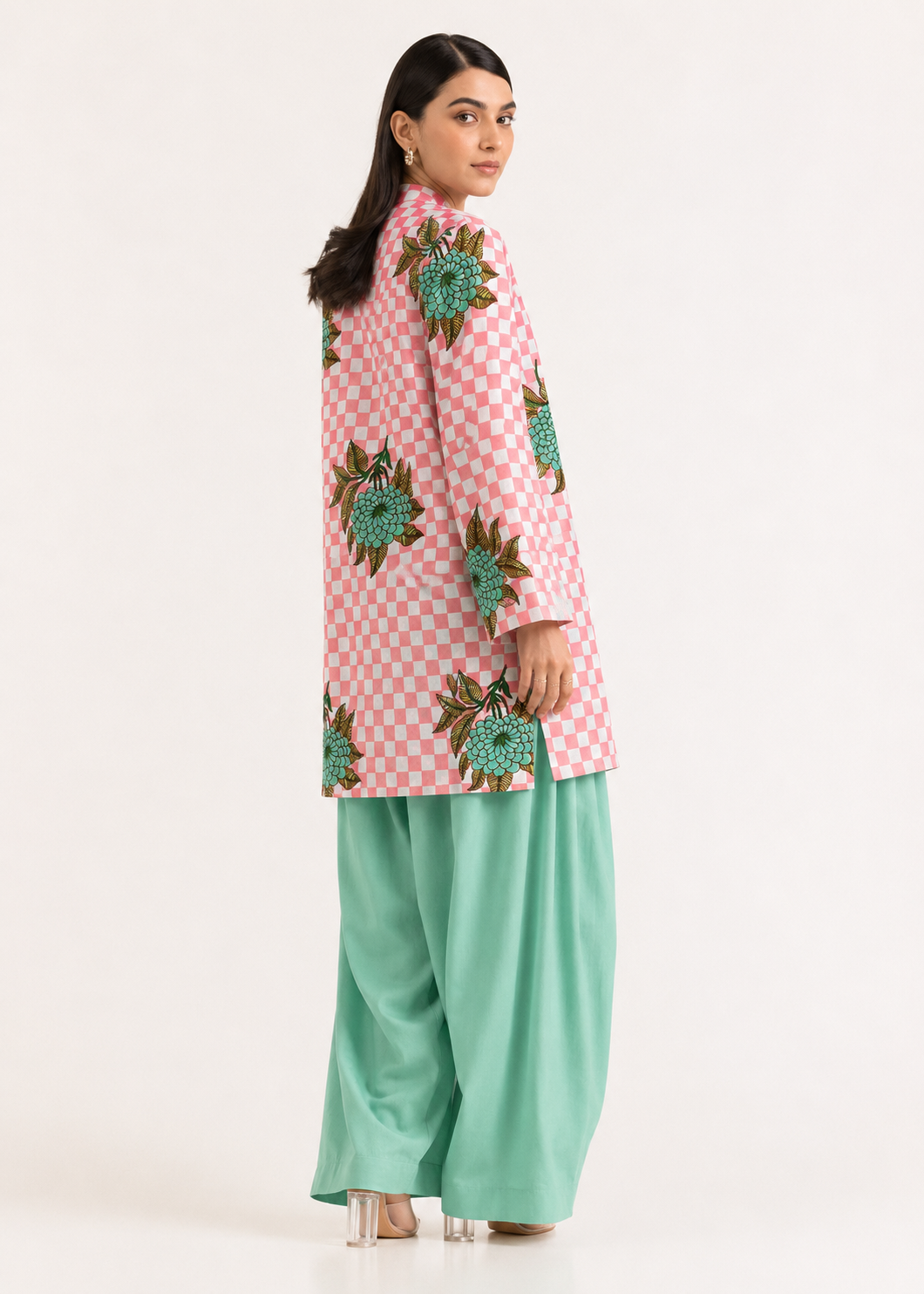 Floral Gingham Pink Pure Cotton Farshi Salwar Co-Ord Set